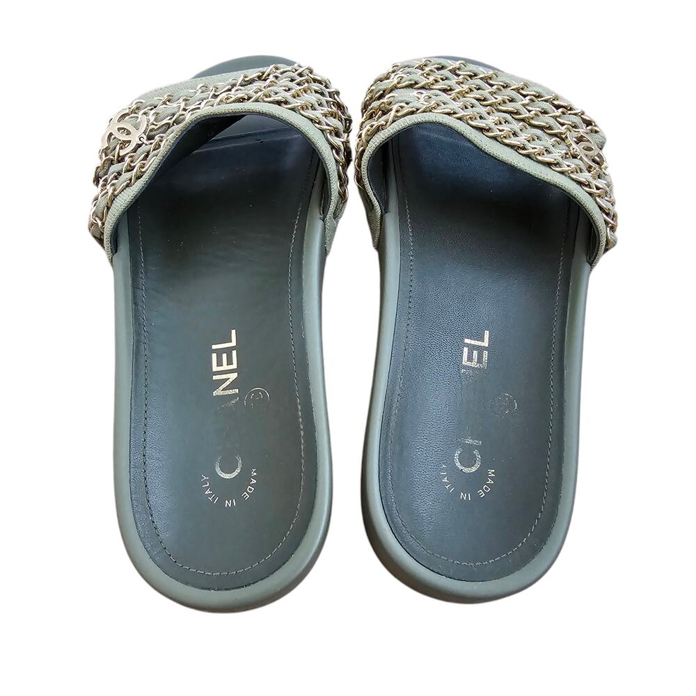 Chanel CC Chain Slide Flat Sandal Khaki Green Canvas Gold Logo 38 US 7 7.5 - Picture 3 of 10